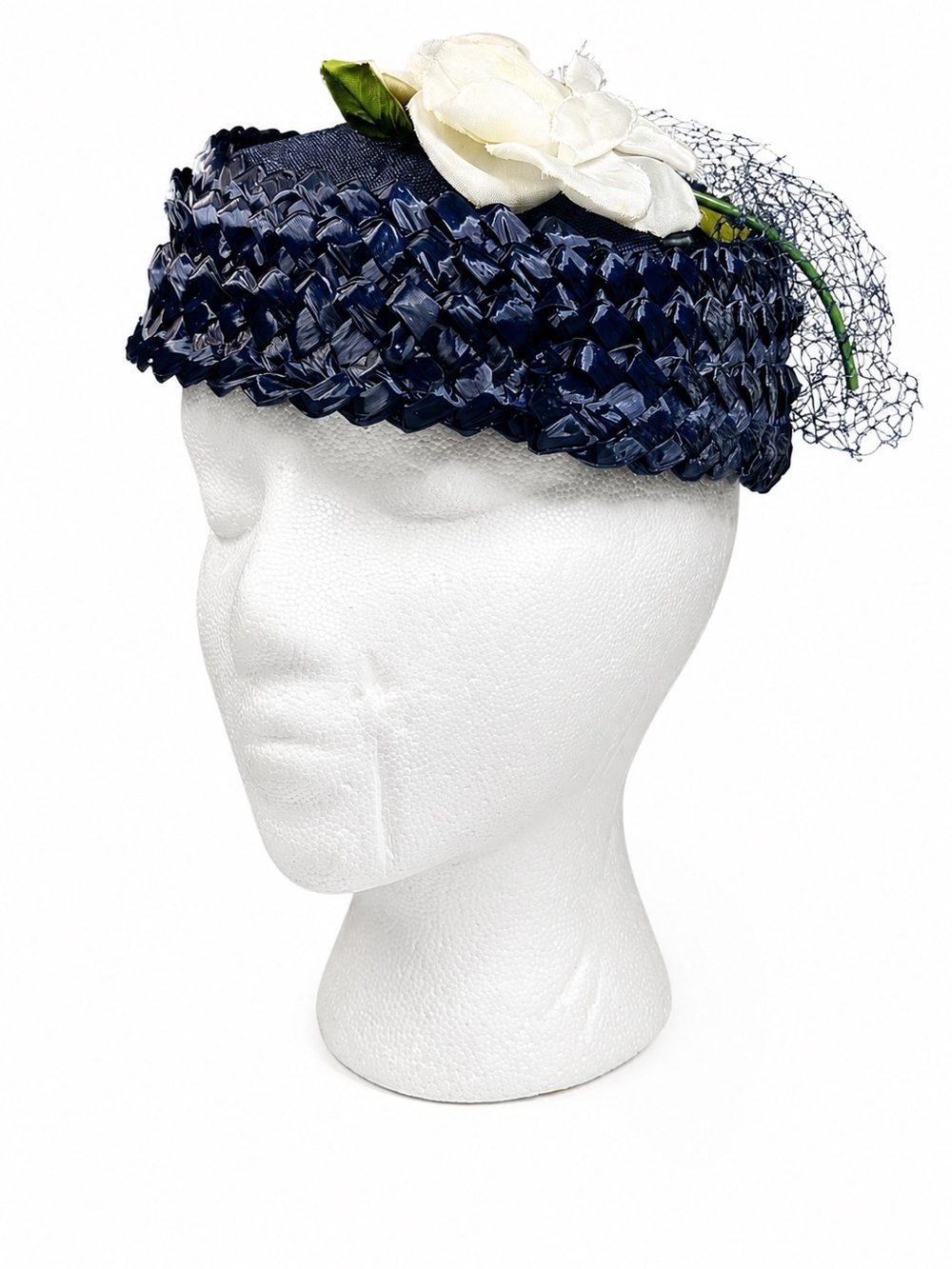 Vintage 1950s 1960s Navy Blue Cellophane Straw Pillbox Hat Birdcage Veil Floral